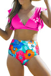 Rose V Neck Ruffles Floral Print High Waist Bikini-Swimwear-MomFashion