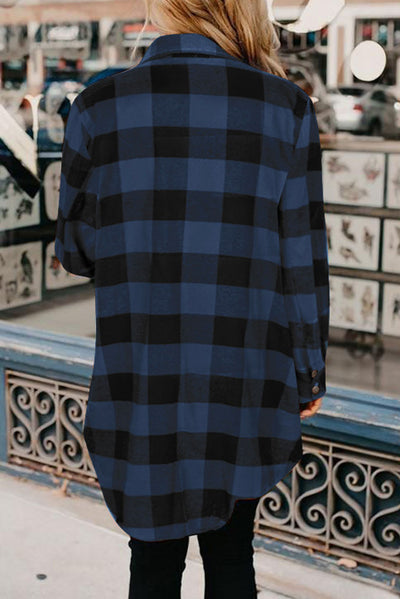 Blue Turn-down Collar Plaid Shirt Jacket-Outerwear-MomFashion