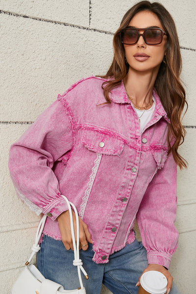 Pink Lace Patchwork Distressed Buttoned Denim Jacket-Outerwear/Denim jackets-MomFashion