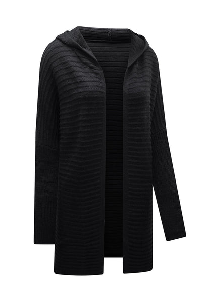 Black Horizontal Rib Knitted Open Front Hooded Cardigan-Tops-MomFashion