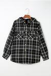 Black Plaid Pattern Sherpa Lined Hooded Shacket-Outerwear-MomFashion