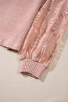 Peach Blossom Sunflower Mesh Bubble Sleeve Waffle Knit Top-Tops-MomFashion