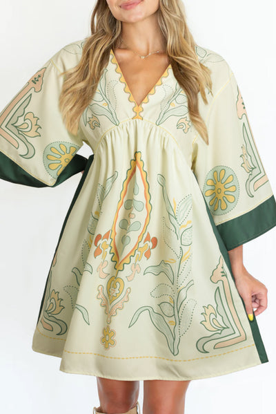 Multicolour Boho Print V Neck Empire Waist Short Kimono Dress-Dresses-MomFashion