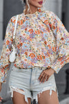 Multicolor Shirred Cuffs Bubble Sleeve Floral Blouse-Tops-MomFashion