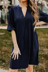 Blue Ruffled Sleeve Shift Dress-Dresses-MomFashion