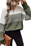 Pickle Green Color Block Drop Shoulder Ribbed Trim Sweater-Tops-MomFashion