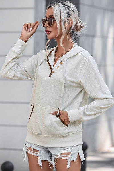 Beige Drawstring Kangaroo Pocket Henley Hoodie-Tops-MomFashion