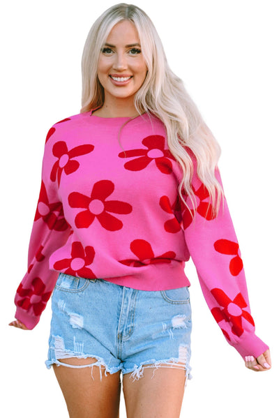 Rose Big Flower Knit Ribbed Trim Sweater-Tops-MomFashion