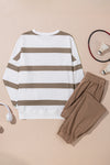 Light French Beige Striped Drop Shoulder Pullover and Jogger Pants Set-Two Piece Sets/Pant Sets-MomFashion