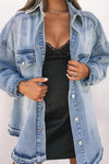 Sky Blue Flap Pocket Buttoned Oversized Denim Jacket-Outerwear-MomFashion