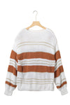 White Striped Knit Puff Sleeve Casual Sweater-Tops-MomFashion