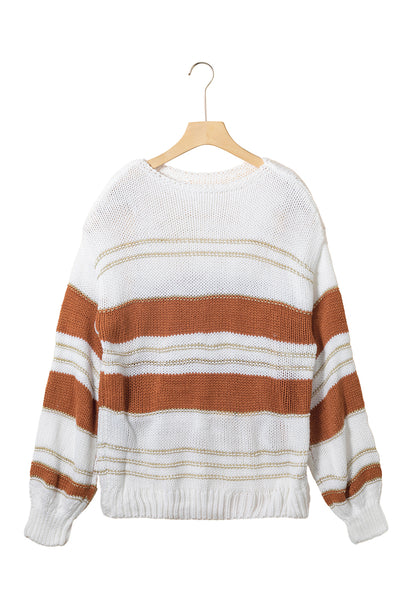 White Striped Knit Puff Sleeve Casual Sweater-Tops-MomFashion