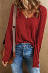 Red Sandalwood V Neck Center Seam Long Sleeve Tee-Tops-MomFashion