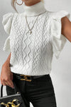 White Turtle Neck Short Sleeve Cable Knit Ruffled Sweater-Tops-MomFashion