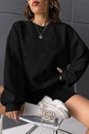 Black Star Embossed Textured Drop Shoulder Sweatshirt-Tops-MomFashion