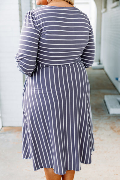 Gray Striped Tie Waist 3/4 Sleeve Plus Size Dress-Plus Size-MomFashion