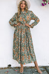 Green Pleated Long Sleeve Maxi Floral Dress with Tie-Dresses-MomFashion