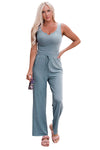 Blue Ribbed Crop Tank Drawstring Lounge Pants Set-Loungewear-MomFashion