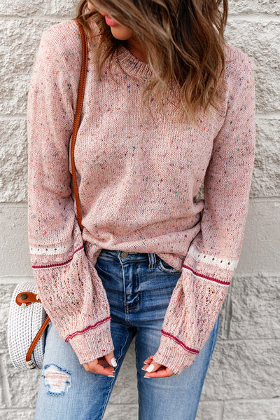 Pink Pilling Detail Patterned Sleeve Sweater-Tops-MomFashion