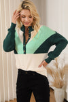 Green Geometric Color Block Knit Button V Neck Sweater-Tops-MomFashion