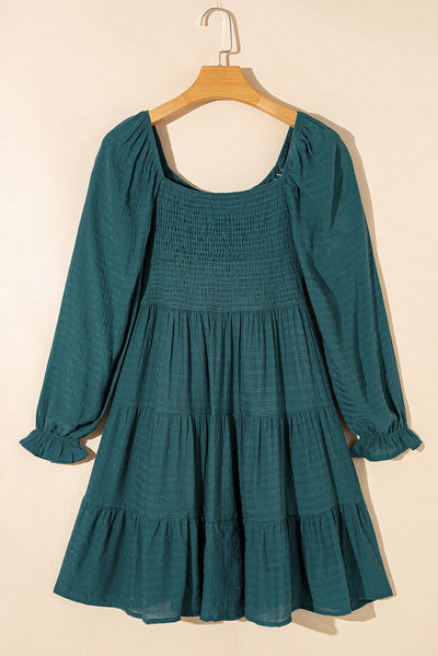 Mist Green Bishop Sleeve Smocked Tiered Mini Dress-Dresses-MomFashion