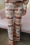 Multicolour Aztec Print Puff Sleeve Pullover and Pants Lounge Outfit-Loungewear-MomFashion