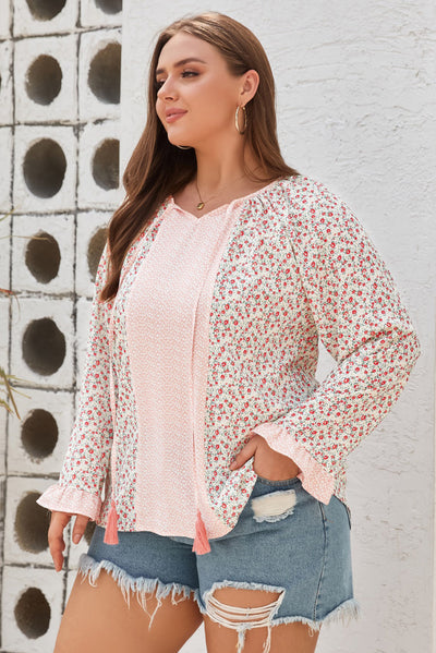 Pink Dotty Floral Patchwork Plus Size Long Sleeve Blouse-Plus Size-MomFashion