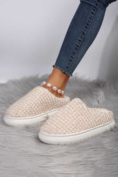 Pale Khaki Two-tone Knitted Warm Homewear Slippers-Shoes & Bags-MomFashion
