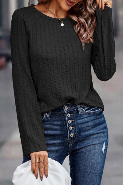 Black Ribbed Round Neck Knit Long Sleeve Top-Tops-MomFashion