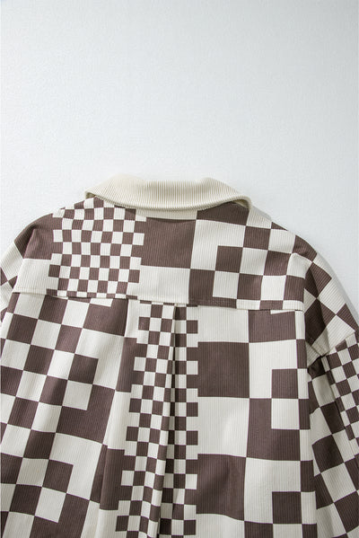 Brown Checkered Print Patchwork Corduroy Shacket-Outerwear/Jackets-MomFashion