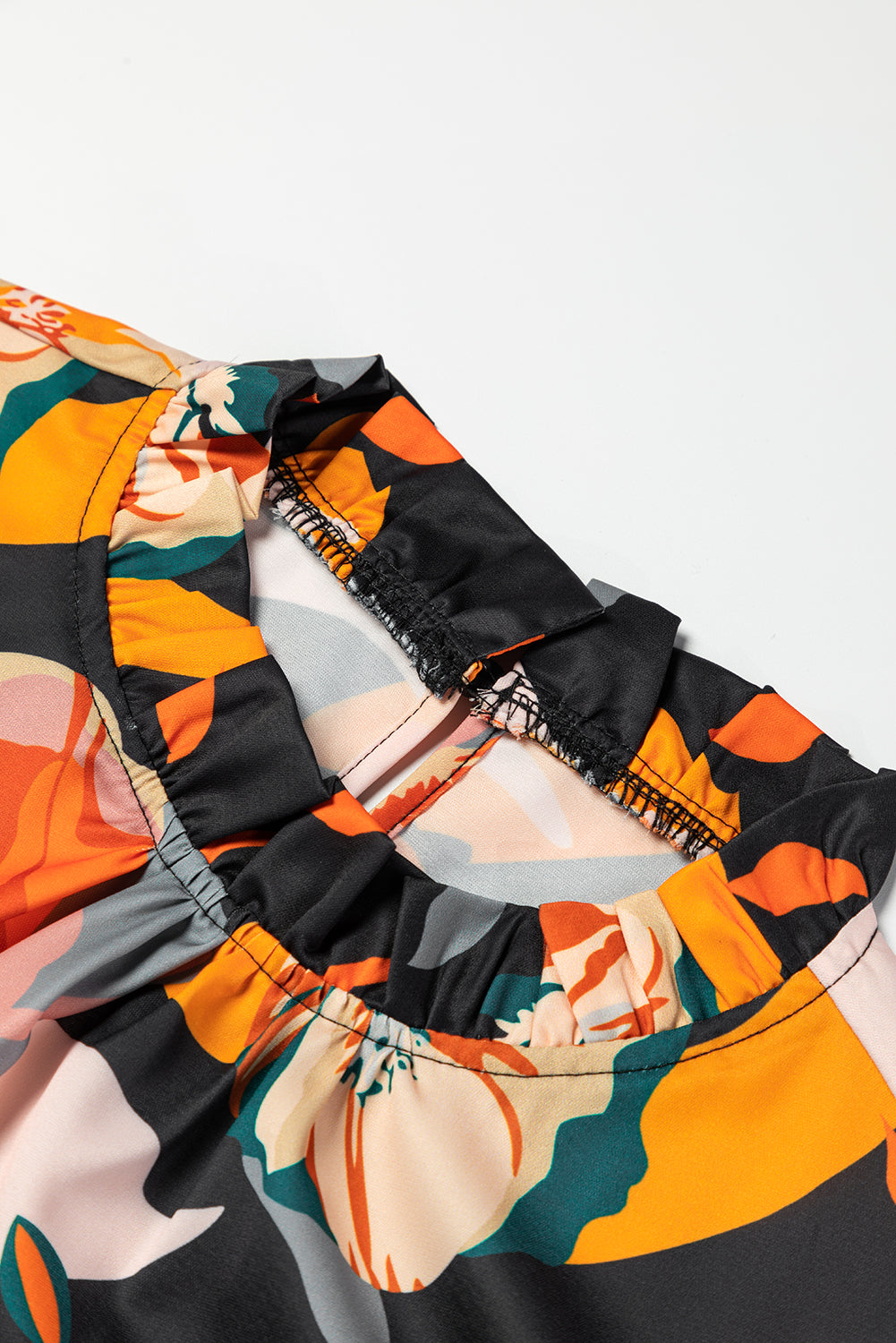 Black Floral Print Mock Neck Blouse-Tops-MomFashion