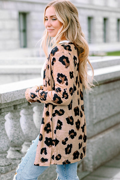 Leopard Printed Open Front Cardigan-Tops-MomFashion