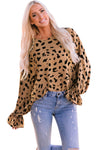 Leopard V Neck Ruffled Cuffs Loose Blouse-Tops-MomFashion