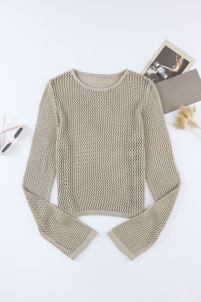 Khaki Hollow-out Knit Long Sleeve Top-Tops-MomFashion