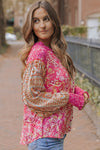 Pink Mixed Floral Printed Puff Sleeve V-Neck Shirt-Tops-MomFashion