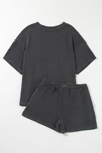 Carbon Grey Ribbed Textured Knit Loose Fit Tee and Shorts Set-Two Piece Sets/Short Sets-MomFashion