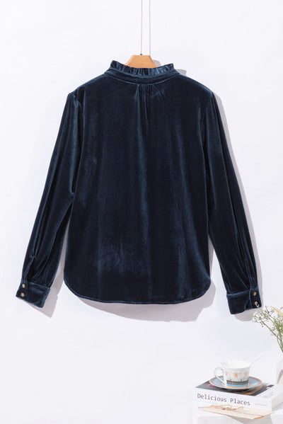 Navy Blue Frilled Neck Buttoned Front Velvet Top-Tops-MomFashion