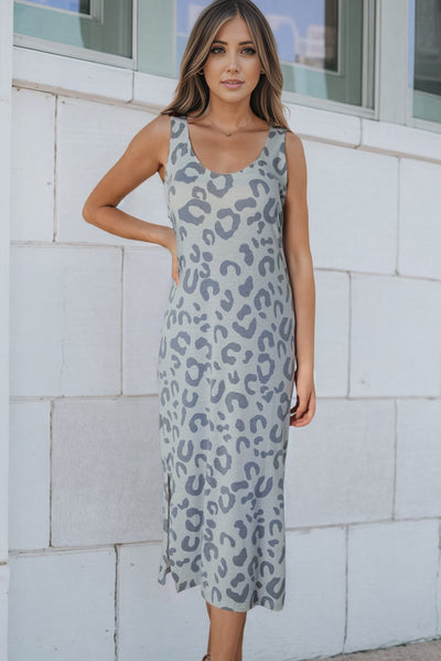 Gray Leopard Print Sleeveless Maxi Dress-Dresses-MomFashion