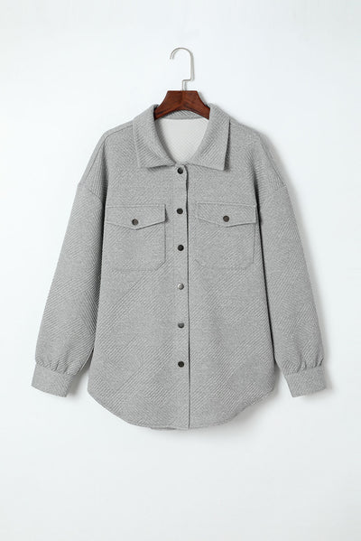 Gray Solid Textured Flap Pocket Buttoned Shacket-Outerwear-MomFashion