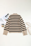 Khaki Striped Mock Neck Bell Sleeve Knit Sweater-Tops-MomFashion