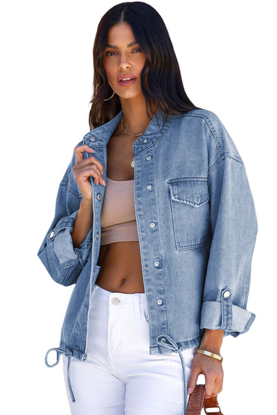 Sky Blue Roll-Up Tab Sleeve Button Down Pocket Denim Jacket-Outerwear-MomFashion