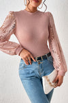 Peach Blossom Sunflower Mesh Bubble Sleeve Waffle Knit Top-Tops-MomFashion