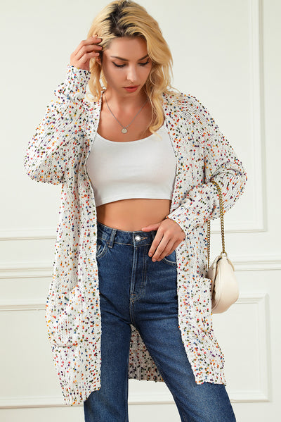 White Rainbow Popcorn Speckles Open Front Cardigan-Tops-MomFashion