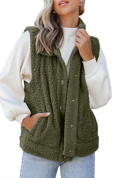 Green Snap Button Pocketed Sherpa Vest Jacket-Outerwear-MomFashion