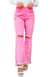 Pink Vintage High Waist Flare Leg Ripped Raw Hem Jeans-Bottoms-MomFashion