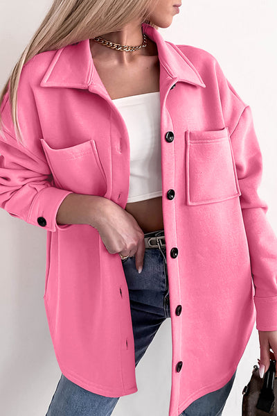 Pink Solid Color Pocketed Button up Long Sleeve Shacket-Outerwear-MomFashion