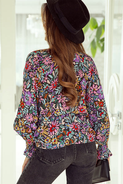 Multicolor Floral Print Ruffled Long Sleeve V-Neck Blouse-Tops-MomFashion