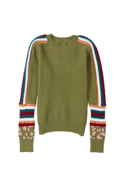 Green Leopard Contrast Striped Sleeve Ribbed Trim Sweater-Tops-MomFashion