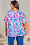 Sky Blue Plus Size Plant Print V Neck T-shirt-Plus Size-MomFashion