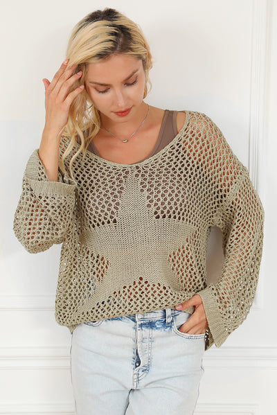 Light French Beige Star Pointelle Knit Baggy Sweater-Tops-MomFashion